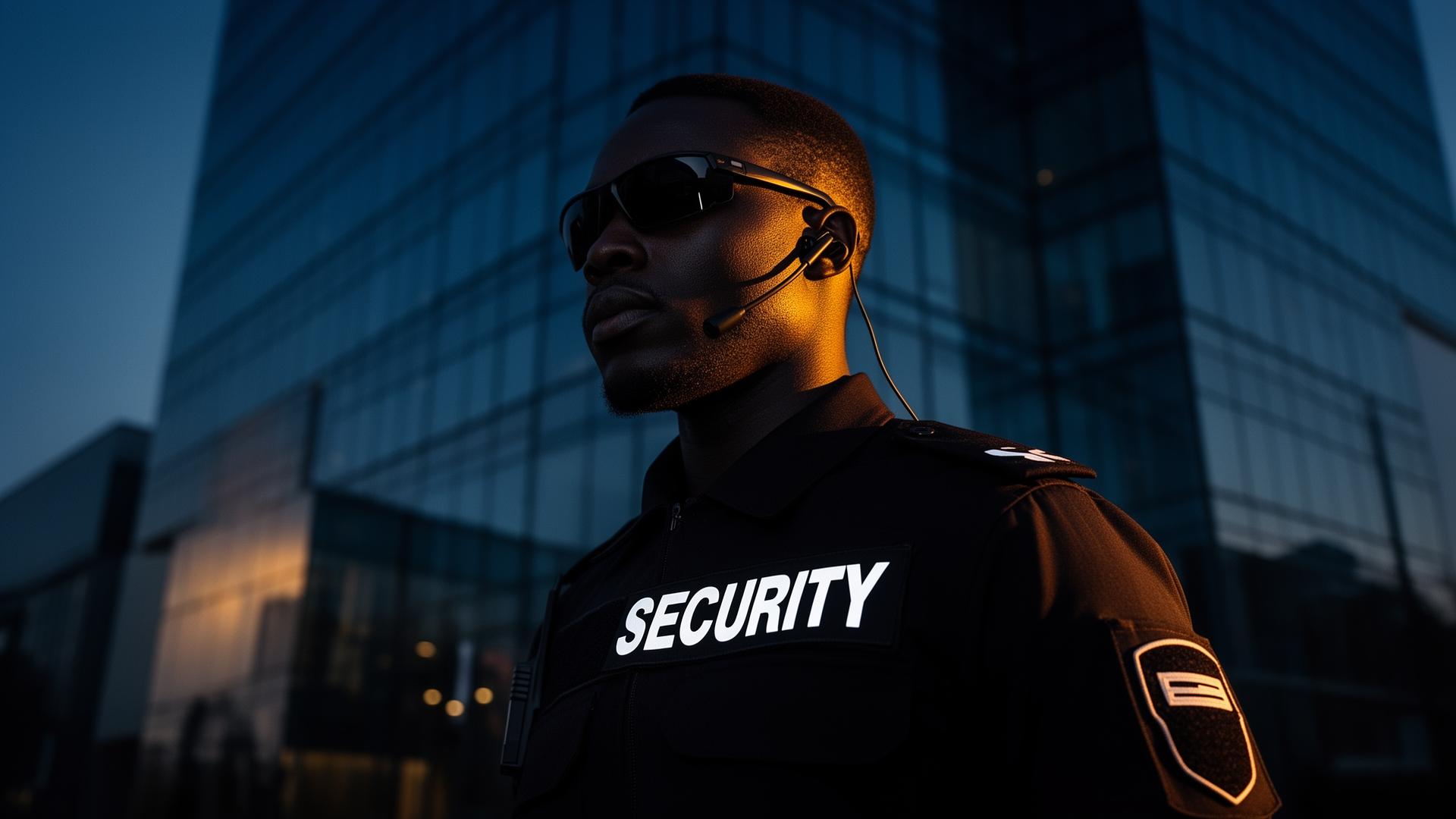 Security officer on duty at dusk